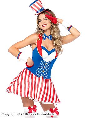 Weibliche amerikanische Patriotin, Kostüm-Kleid, Tasten, Sterne, Streifen